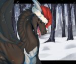  ambiguous_gender christmas clothing dragon feral forest forest_background halfbody hat headgear headwear holidays horn krugell nature nature_background plant portrait scalie snow teeth tongue tongue_out tree wings 