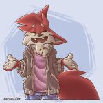  1:1 baggy_clothing baggy_pants baggy_topwear big_ears big_tail bottomwear canid canine clothing denim denim_clothing digital_media_(artwork) eyes_closed fluffy fox fur hoodie jeans jewelry male mammal necklace pants pendant pink_clothing pink_shirt pink_topwear red_body red_fur shirt shrug smile softailfox sweater t-shirt tan_body tan_fur toony topwear 