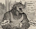  2021 anthro argonian bethesda_softworks bodily_fluids clothing daftpatriot digital_media_(artwork) english_text fellatio greyscale horn male monochrome onomatopoeia open_mouth oral penile saliva scalie sex shirt solo sound_effects tank_top text the_elder_scrolls topwear video_games 