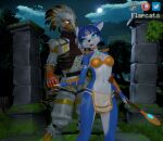  3d_(artwork) anthro armor avian beak bird black_body black_feathers blue_body blue_fur bottomwear bra canid canine clothed clothing digital_media_(artwork) duo faraday_(warfaremachine) feathers female flapcats forest fox fur hi_res jewelry krystal loincloth male mammal multicolored_body multicolored_fur nintendo outside plant rysonanthrodog scarf smile staff star_fox star_fox_adventures tree underwear video_games warfaremachine white_body white_feathers white_fur 