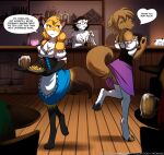  2021 adira_(twokinds) alcohol anthro apron bare_shoulders barefoot beer beverage black_body black_fur blep blush bottomwear breasts brown_body brown_fur canid canine canis chest_tuft cleavage clothed clothing coin conditional_dnp corset crossgender detailed_background dialogue digitigrade domestic_dog dress duo_focus english_text evals eyes_closed feet felid female footwear fox fur gloves_(marking) grey_body grey_fur group hi_res holding_object holding_tray inside keidran leg_markings legwear lingerie maeve_(twokinds) mammal markings mike_(twokinds) mtf_crossgender multicolored_body multicolored_fur one_leg_up orange_body orange_fur pantherine pawpads raised_leg restaurant skirt snow_leopard socks socks_(marking) spots spotted_body spotted_fur stockings tankard text thigh_highs thigh_socks toeless_legwear toeless_stockings tom_fischbach tongue tongue_out topwear tray trio tuft twokinds waiter waitress_outfit webcomic white_body white_fur 