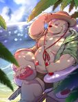  2021 absurd_res anthro beach belly blush bottomwear cai_yuwang clothing cloud detailed_background hat headgear headwear hi_res humanoid_hands kemono male mammal moobs outside overweight overweight_male sea seaside shorts sitting solo straw_hat ursid water 