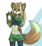  abstract_background anthro black_nose blonde_hair blue_background bodily_fluids bottomwear breasts brown_eyes canid canine cheek_tuft clothed clothing clothing_lift ear_piercing ear_ring facial_tuft female fox freckles fur gauged_ear gloves_(marking) hair hi_res jinny_(tinygaypirate) long_hair looking_aside mammal markings midriff navel off_shoulder open_mouth orange_body orange_fur orange_hair piercing shirt shirt_lift shorts simple_background small_breasts smile solo sweat tank_top tinygaypirate topwear tuft white_background yellow_body yellow_fur 