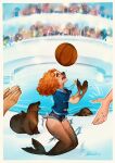  2021 ball basketball_(ball) blue_eyes bottomwear brown_body brown_fur clothing disembodied_hand female feral fur group hair hi_res human mammal marine mid_transformation nakitacat open_mouth pinniped sea_lion shorts smile solo_focus species_transformation surprise transformation whiskers 