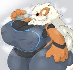  2017 anthro aoikarasu arcanine belly big_breasts blush bodily_fluids bottomwear breasts brown_eyes claws cleavage clothed clothing digital_media_(artwork) female fur hand_on_hip hi_res huge_breasts huge_thighs hyper hyper_breasts looking_at_viewer mane multicolored_body musk neck_tuft nintendo nipple_outline open_mouth orange_body orange_fur overweight overweight_anthro overweight_female pok&eacute;mon pok&eacute;mon_(species) shaded side_boob solo stained_clothing stripes surprised_expression sweat sweat_stain thick_thighs topwear tuft video_games water water_bottle white_body white_fur 