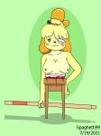  1_eye 2021 amputee animal_crossing anthro bandage bell blonde_hair blood blush bodily_fluids breasts canid clothed clothing disability female gore hair hi_res isabelle_(animal_crossing) legless mammal nintendo nosebleed pole smile solo spaghetti99 topless vaulting video_games yellow_body 
