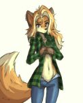  anthro black_nose blonde_hair bottomwear brown_body brown_fur canid canine clothed clothing denim denim_clothing dipstick_tail ear_piercing ear_ring female fox freckles fur gauged_ear gloves_(marking) hair hi_res jeans jinny_(tinygaypirate) long_hair looking_at_viewer mammal markings navel no_underwear orange_body orange_fur orange_hair pants pattern_clothing pattern_shirt pattern_topwear piercing plaid plaid_clothing plaid_shirt plaid_topwear shirt solo tail_markings tinygaypirate topwear unbuttoned_pants yellow_body yellow_fur 