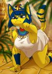  2021 5_fingers absurd_res animal_crossing ankha_(animal_crossing) anthro blue_eyes blue_hair breasts clothed clothing digital_media_(artwork) domestic_cat felid feline felis female fingers fur hair hi_res mammal nintendo omesore solo video_games yellow_body yellow_fur 