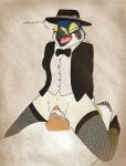  anthro avian bird black_tie_(suit) blush bodily_fluids bottomless bow_tie classy clothed clothing cowgirl_position cum cum_in_pussy cum_inside falcon falconid fedora female fish_birb fishnet from_front_position genital_fluids genitals hat headgear headwear hi_res katie_(fish_birb) legwear male male/female no_underwear on_bottom on_top orgasm orgasm_face penetration penis peregrine_falcon pussy sex solo stockings suit vaginal vaginal_penetration 