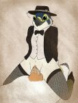  anthro avian bedroom_eyes bird black_tie_(suit) bodily_fluids bottomless bow_tie classy clothed clothing cowgirl_position falcon falconid fedora female fish_birb fishnet from_front_position genital_fluids genitals hat headgear headwear hi_res katie_(fish_birb) legwear male male/female narrowed_eyes on_bottom on_top penetration penis peregrine_falcon pussy pussy_juice seductive sex solo stockings suit vaginal vaginal_penetration 