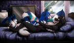  4_toes 5_fingers anthro black_body black_fur black_hair blue_hair canid canine detailed_background digital_media_(artwork) duo feet female fingers fur hair hi_res male male/female mammal nude omesore smile toes white_body white_fur 