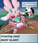  abdominal_bulge absurd_res anthro chest_bulge dialogue duo female forced hi_res internal lurantis male male/female nintendo pok&eacute;mon pok&eacute;mon_(species) pok&eacute;mon_battle pornwhal praxxwhal_(artist) rape sex size_difference status ursaring user_interface video_games 