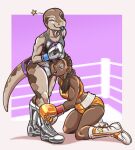  2021 anthro blue-tongued_skink blue_tongue boots boxing boxing_gloves bra brown_body brown_hair brown_scales clothing dark_body dark_skin dcheese defeated digital_media_(artwork) female fighting_ring footwear furgonomics gynomorph_(lore) hair handwear hi_res human kneeling lizard mammal one_eye_closed ponytail reptile scales scalie skink spiral_eyes sport sports_bra tongue underwear wink 