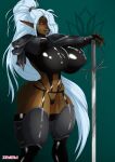  2021 armor big_breasts breasts brown_body brown_skin butt clothing ear_piercing elf female grey_hair hair hi_res huge_breasts humanoid humanoid_pointy_ears lips long_hair melee_weapon nipple_outline not_furry panties piercing ponytail rubber solo sword thick_lips thick_thighs underwear weapon zedeki 