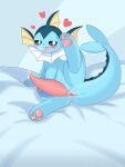  &lt;3 3_toes absurd_res anal animal_genitalia anus bed blue_body blush bodily_fluids condom condom_in_mouth eeveelution erection feet feral furniture genital_fluids genital_slit genitals hanabi162271945 hi_res lying male nintendo nude on_bed penis pink_penis pok&eacute;mon pok&eacute;mon_(species) sexual_barrier_device simple_background slit solo tapering_penis toes vaporeon video_games 