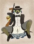  after_sex anthro aroused avian bedroom_eyes bird black_tie_(suit) bodily_fluids bottomless bow_tie classy clothed clothing cum cum_in_pussy cum_inside cum_on_tail falcon falconid fedora female fish_birb fishnet genital_fluids genitals gun hat headgear headwear hi_res high_heels katie_(fish_birb) legwear looking_at_viewer narrowed_eyes no_underwear peregrine_falcon presenting presenting_pussy pussy ranged_weapon seductive solo spread_legs spreading stockings submachine_gun suit thompson_gun weapon 