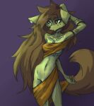  anthro apogee_(tinygaypirate) arm_tuft black_nose breasts brown_body brown_eyes brown_fur brown_hair canid canine canis cheek_tuft clothed clothing cowlick curled_tail domestic_dog ear_piercing eyelashes facial_markings facial_piercing facial_tuft female floppy_ears fur furgonomics furry-specific_piercing hair hand_above_head hand_on_head head_markings hi_res long_hair looking_aside mammal markings messy_hair muzzle_piercing navel no_underwear nose_piercing piercing purple_background simple_background slim solo spitz standing tinygaypirate tuft under_boob 