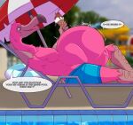  abdominal_bulge anthro avian beach beach_chair bird black_body black_fur bottomwear clothing duo english_text feathers flamingo food fur hi_res ice_cream_cone issac_(potatoflamingo) lying male mammal pink_body pink_feathers seaside shorts silverbane4 text umbrella vore white_body white_fur 