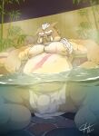  2021 anthro balls bathing belly brown_body bulge chiubear0214 genitals hi_res humanoid_hands kemono male mammal moobs nipples outside overweight overweight_male scar sitting solo suid suina sus_(pig) towel water wild_boar 