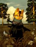  2016 animal_crossing anthro bag clothed clothing cloud crookedtrees detailed_background domestic_cat dress felid feline felis female field flower front_view fur fur_markings grass looking_aside mammal markings nintendo orange_body orange_fur outside plant scarf solo standing tabby_(animal_crossing) tall_grass tree video_games 