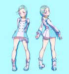  1girl absurdres arms_behind_back blue_background blue_dress blue_hair blue_nails bomhat boots buttons closed_mouth collar commentary dress eureka eureka_seven eureka_seven_(series) full_body hair_ornament hairclip highres light_blush long_sleeves looking_at_viewer multiple_views purple_eyes shadow short_hair simple_background skindentation smile thigh_pouch two-tone_dress white_dress white_footwear 