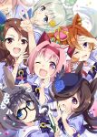  6+girls agnes_digital_(umamusume) animal_ears bangs black_hair blue_eyes blue_flower blue_rose blush book book_hug braid brown_hair confetti crown drooling ear_bow ear_covers ear_piercing flower flower-shaped_pupils glasses green_hair hair_ornament hairband hairpin hand_on_own_cheek hand_on_own_face haru_urara_(umamusume) hat highres hizuki_yayoi holding holding_book horse_ears horse_girl horse_tail king_halo_(umamusume) long_hair looking_at_viewer mini_crown mouth_drool multiple_girls object_hug ojou-sama_pose one_eye_closed open_mouth orange_hair piercing pink_hair puffy_short_sleeves puffy_sleeves purple_eyes purple_shirt rice_shower_(umamusume) rose sailor_collar school_uniform seiun_sky_(umamusume) shirt short_hair short_sleeves smile symbol-shaped_pupils t.m._opera_o_(umamusume) tail teeth tracen_school_uniform umamusume v zenno_rob_roy_(umamusume) 