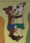  3_toes 4_fingers absurd_res anthro barefoot bed bedroom blush boop brown_body brown_fur brown_markings brown_pawpads bulge bulge_frottage caffeinatedhornfox canid canine clothed clothing denni_(caffeinatedhornfox) digital_media_(artwork) duo english_text entwined_tails erection fangs feet fingers fox frottage fur furniture hi_res luxi_the_coffee_fox male male/male mammal markings nose_boop pawpads paws procyonid raccoon sex smile tail_coil text toes tongue tongue_out topless underwear white_markings yellow_body yellow_eyes yellow_fur 