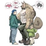  &lt;3 1:1 abs absurd_res anthro beard belt big_muscles big_pecs blue_hair boots bottomwear brown_body brown_fur bulge canid canine canis chan_kiti_chan_(artist) child clothing eye_contact eyewear facial_hair facial_scar family father father_and_child father_and_son footwear fur glasses group hair hand_holding hi_res holding_partner human human_on_anthro interspecies jacket larger_anthro looking_at_another male male/male mammal muscular muscular_anthro muscular_male navel nipples pants parent parent_and_child pecs romantic romantic_couple scar shirtless shoes size_difference smaller_human son topwear wolf young 