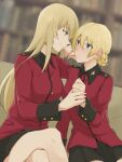  2girls bangs black_skirt blonde_hair blue_eyes blurry blurry_background blush braid closed_mouth commentary couch crossed_arms darjeeling_(girls_und_panzer) depth_of_field dutch_angle earl_grey_(girls_und_panzer) eyebrows_visible_through_hair frown girls_und_panzer hand_to_own_mouth holding_hands indoors jacket long_hair long_sleeves looking_at_another military military_uniform miniskirt multiple_girls on_couch pleated_skirt red_jacket short_hair side-by-side sitting skirt smile st._gloriana&#039;s_military_uniform tied_hair uniform yuri yuuhi_(arcadia) 
