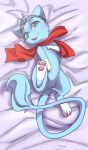  2019 3_fingers 3_toes absurd_res bed_sheet bedding blue_body blue_fur blue_hair cute_expression dakimakura_pose eyewear eyewear_on_head featureless_crotch feet feral fingers fur goggles goggles_on_head green_eyes hair hi_res legendary_pok&eacute;mon looking_at_viewer male mew murzikteijiro nintendo open_mouth pawpads paws pok&eacute;mon pok&eacute;mon_(species) scarf shiny_pok&eacute;mon shrike_alvaron solo toes video_games white_paws_(disambiguation) 