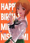  1girl absurdres bangs black_neckerchief blouse bra_visible_through_clothes bralines brown_eyes brown_hair character_name confetti cowboy_shot english_text eyebrows_visible_through_hair girls_und_panzer green_skirt happy happy_birthday highres long_sleeves looking_at_viewer midriff_peek nakasone_haiji neckerchief nishizumi_miho ooarai_school_uniform open_mouth orange_background pleated_skirt sailor_collar school_uniform see-through_shirt serafuku short_hair simple_background skirt smile solo v white_blouse white_sailor_collar 