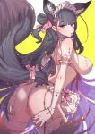  1girl animal_ears ass back bangs bare_shoulders black_hair blunt_bangs blush breasts commentary_request covered_nipples eyebrows_visible_through_hair eyeliner fox_ears fox_tail frills gloves long_hair looking_at_viewer makeup original panties pink_panties purple_eyes tail tajima_ryuushi thighhighs underwear white_gloves 