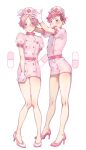  2boys absurdres bare_legs belt blush bomhat buttons commentary crossdressing dress ear_piercing earrings embarrassed english_commentary fang full_body gloves hat high_heels highres jewelry knees_together_feet_apart looking_at_viewer male_focus multiple_boys nurse nurse_cap original otoko_no_ko parted_lips piercing pill pink_dress pink_eyes pink_footwear pink_gloves pink_hair pink_headwear puffy_short_sleeves puffy_sleeves short_hair short_sleeves simple_background skin_fang skindentation smile sweat undercut white_background 