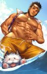  1boy abs absurdres arkapami bara bare_pectorals beard black_hair blue_eyes closed_mouth cloud cropped_jacket day facial_hair hand_on_own_stomach highres jacket jarvan_iv_(league_of_legends) large_pectorals league_of_legends looking_at_viewer male_focus male_swimwear muscular muscular_male navel nipples open_clothes open_jacket outdoors partially_submerged pectorals poro_(league_of_legends) purple_jacket short_hair sideburns sky summer water yellow_male_swimwear 