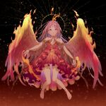  1girl anklet bare_legs bare_shoulders barefoot bird black_background bomhat commentary dress fiery_wings fire forehead_jewel halo highres jewelry long_hair looking_at_viewer original parted_lips phoenix pink_eyes pink_hair red_background red_dress solo sparks toes wings 
