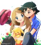  1boy 1girl ash_ketchum ashujou black_legwear blonde_hair blue_eyes blush closed_mouth hat highres long_hair open_mouth pikachu pokemon pokemon_(anime) pokemon_(creature) pokemon_xy_(anime) serena_(pokemon) simple_background skirt sleeveless smile thighhighs 