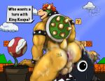  anthro anus background_sky backsack balls big_butt bodily_fluids bowser butt chain_chomp claws dialogue dragon dripping elemental_creature english_text flora_fauna frostbone genitals group hi_res looking_back male mario_bros muscular muscular_anthro muscular_male musk nintendo perineum piranha_plant plant presenting sweat tally_marks text video_games 