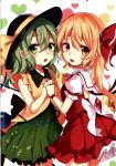  2girls :d :o absurdres adapted_costume bare_shoulders binding_discoloration blonde_hair bow contrapposto cowboy_shot flandre_scarlet floral_print green_hair hair_between_eyes hair_bow hat hat_bow heart heart_background highres interlocked_fingers komeiji_koishi long_hair looking_at_viewer multiple_girls nail_polish no_hat no_headwear one_side_up paragasu_(parags112) scan simple_background skirt smile touhou yuri 