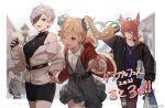  1boy 3girls ahoge animal_ears arm_behind_head bag belt black_dress black_jacket blonde_hair blurry blurry_background border brown_hair colored_tips commentary_request company_name copyright dark-skinned_female dark_skin denim dress elmott erune eyepatch fingerless_gloves gloves granblue_fantasy hand_grab harvin highres hood hooded_jacket io_(granblue_fantasy) jacket jeans jewelry lamppost long_hair looking_to_the_side multiple_girls off_shoulder official_art one_eye_closed open_clothes open_jacket open_mouth outside_border pants pendant pointing pointing_at_viewer pointy_ears purple_shirt red_hair red_jacket red_pants shirt shopping_bag short_hair single_bare_shoulder sleeveless sleeveless_dress sleeveless_turtleneck suframare sweatdrop tanya_(granblue_fantasy) torn_clothes torn_jeans torn_pants turtleneck twintails white_border white_hair 