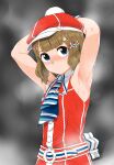  1girl absurdres armpits belt blue_eyes blush brown_hair butakoma_300g closed_mouth hair_ornament hairclip hat highres idolmaster idolmaster_million_live! looking_at_viewer necktie short_hair simple_background sleeveless solo steaming_body suou_momoko sweat x_hair_ornament 