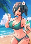 1girl alternate_costume artist_name beach bikini blue_sky blush breasts commentary_request cup day disposable_cup eating eyebrows_visible_through_hair food green_bikini hair_between_eyes holding holding_cup holding_food holding_spoon kantai_collection kneeling large_breasts looking_at_viewer medium_hair ocean open_mouth outdoors palm_tree sand shaved_ice sky solo souryuu_(kancolle) spoon spoon_straw swimsuit tree water wss_(nicoseiga19993411) 