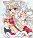  1girl adjusting_clothes airi_(akamichiaika) animal_ears azur_lane bandeau bell bow breasts christmas fang fur-trimmed_skirt fur_panties fur_trim hair_bow highres large_breasts long_hair looking_at_viewer marker_(medium) microskirt navel neck_bell nipple_slip nipples official_alternate_costume one_side_up open_mouth red_eyes red_nails red_skirt santa_costume scan silver_hair skin_fang skirt smile solo standing starry_background suspender_skirt suspenders thick_eyebrows traditional_media white_bow yuudachi_(azur_lane) yuudachi_(woofy_floofy_christmas_night)_(azur_lane) 