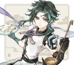  1boy ahoge almond_tofu_(genshin_impact) aqua_hair armor bead_necklace beads black_gloves commentary_request facial_mark food forehead_mark genshin_impact gloves green_gloves green_hair highres holding holding_plate jewelry ladle male_focus multicolored_hair necklace official_alternate_costume parted_lips plate shiraishi_(siraisi00) simple_background solo spikes tassel upper_body xiao_(genshin_impact) yellow_eyes 