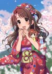  3girls black_hair blue_kimono blush brown_eyes brown_hair cherry_blossoms commentary_request eating floral_print food hands_up highres holding holding_food idolmaster idolmaster_cinderella_girls igarashi_kyoko japanese_clothes kimono kohinata_miho long_hair long_sleeves looking_at_viewer multiple_girls natsuya_(natuya777) obi one_side_up open_mouth pink_check_school_(idolmaster) red_kimono sash shimamura_uzuki short_hair side_ponytail smile takoyaki teeth upper_teeth wide_sleeves yellow_kimono 