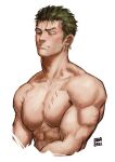  1boy bara earrings green_hair greenteaa highres jewelry looking_at_viewer male_focus mature_male muscular muscular_male one_eye_closed one_piece pectorals roronoa_zoro scar scar_across_eye short_hair solo upper_body 