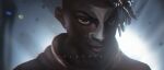  1boy absurdres arcane:_league_of_legends artist_name bangs blurry blurry_background brown_eyes closed_mouth dark-skinned_male dark_skin ekko_(league_of_legends) facial_mark gradient gradient_background grey_hair highres league_of_legends looking_at_viewer portrait smile valkyrie_(ekpk5223) 