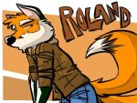  bottomwear canid canine clothing con_badge convention denim denim_clothing emmm fox frown grumpy jacket jeans low_res male mammal pants topwear twintails_(disambiguation) 