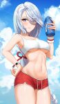  1girl absurdres blue_eyes blue_sky bottle braid braided_ponytail breasts cloud cowboy_shot drawstring english_commentary exercise eyes_visible_through_hair genshin_impact gym_uniform hair_over_one_eye hand_on_hip highres holding holding_bottle large_breasts long_hair looking_at_viewer matmaj midriff navel parted_lips shenhe_(genshin_impact) short_shorts shorts silver_hair sky solo sports_bra underboob very_long_hair watch water_bottle wristband wristwatch 
