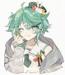  1boy :3 ahoge bangs bow collarbone cropped_torso eyebrows_visible_through_hair green_bow green_eyes green_hair green_necktie hair_bow hair_ornament hairclip hand_on_own_cheek hand_on_own_face heart holostars kagami_kira kandzue_pengin looking_at_viewer necktie one_eye_closed school_uniform serafuku shirt short_twintails simple_background sleeves_past_wrists solo tilted_headwear twintails upper_body virtual_youtuber white_background white_bow white_shirt 