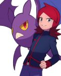  1boy bangs belt_buckle black_jacket buckle crobat grey_eyes hand_on_hip highres jacket long_hair long_sleeves looking_at_viewer male_focus pants parted_bangs parted_lips pokemon pokemon_(creature) pokemon_(game) pokemon_hgss purple_pants red_hair silver_(pokemon) smile turtleneck turtleneck_jacket tyako_089 